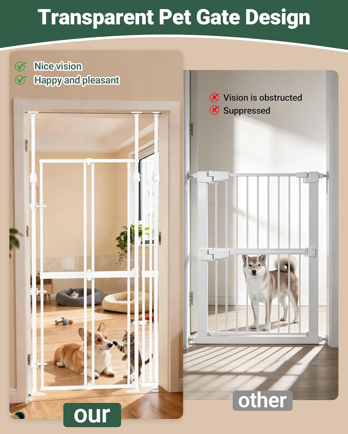 NiceTCU 74.80-98.43'' Extra Tall Cat Gate, Adjustable 33.86-41.34" Wide, Transparent Full Door Pet Gate, Auto Close No Drilling Cat Proof Safety Gate for Doorway Stairs- White