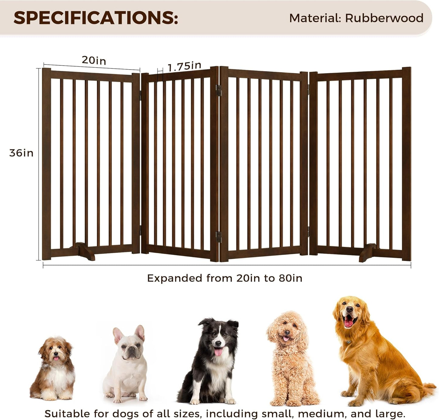 36" H Freestanding Dog Gate, Solid Wood Foldable Pet Gate with Support Feet, Wooden Tall Dog Gate for Doorway, Stairs & Indoor Use, 60" Wide Expandable Pet Fence, 3 Panels, Walnut