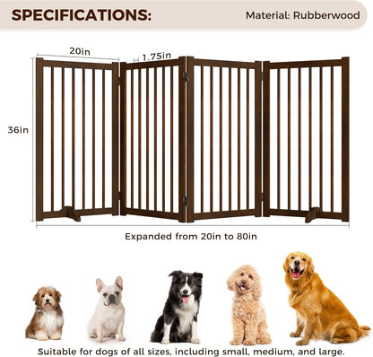 36" H Freestanding Dog Gate, Solid Wood Foldable Pet Gate with Support Feet, Wooden Tall Dog Gate for Doorway, Stairs & Indoor Use, 60" Wide Expandable Pet Fence, 3 Panels, Walnut