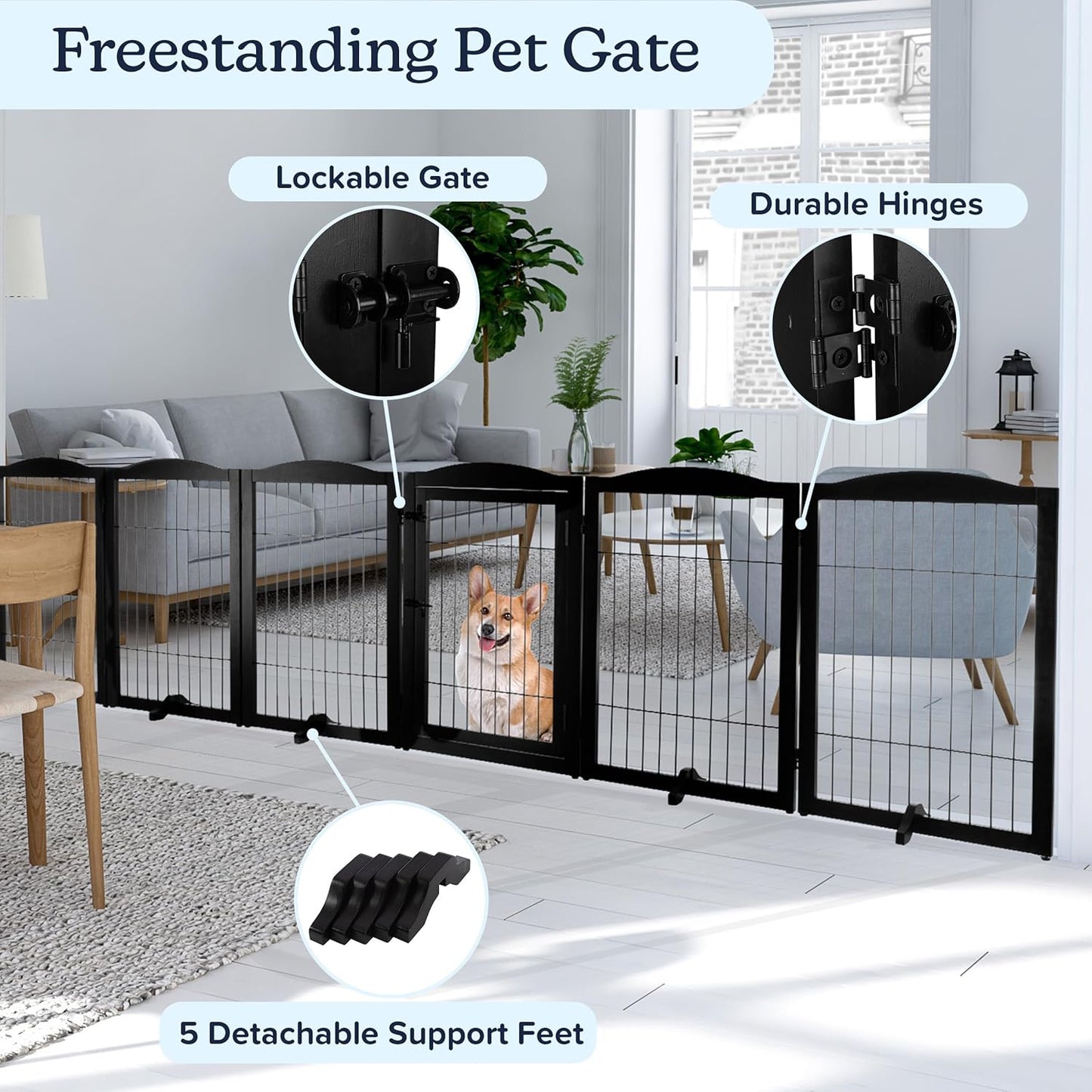 Pet Gate - 6-Panel Indoor Folding Dog Fence for Stairs or Doorways - 133x32-Inch Freestanding Play Pen with Support Feet by PETMAKER (Black)