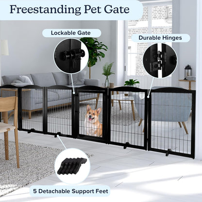 Pet Gate - 6-Panel Indoor Folding Dog Fence for Stairs or Doorways - 133x32-Inch Freestanding Play Pen with Support Feet by PETMAKER (Black)
