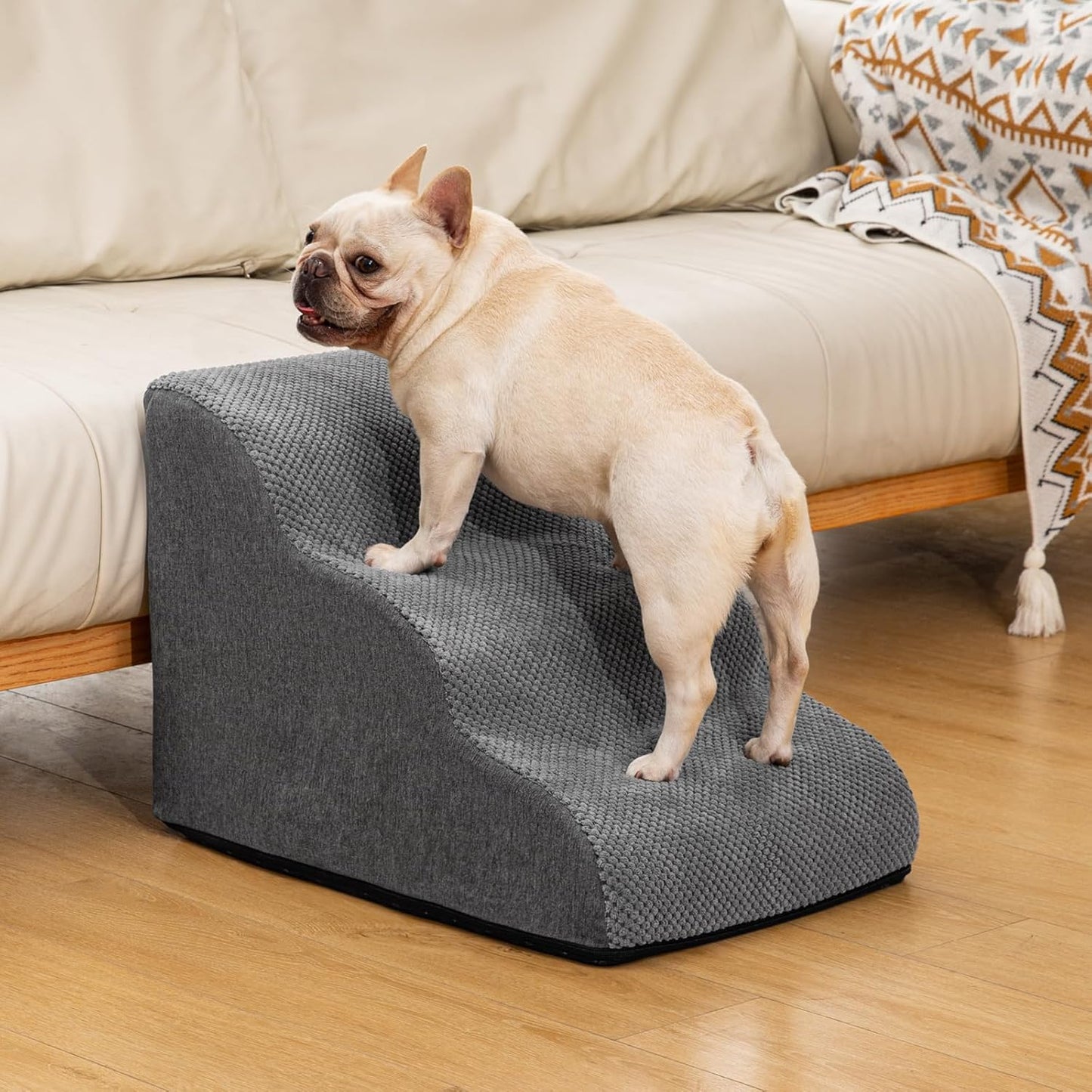 Aodisman Dog Ramp and Stairs for Small Dogs & Cats,3-Step Pet Stairs for Couch Sofa and Chair,Indoor Anti-Slip Dog Stairs for Old Cats and Puppy,Beige