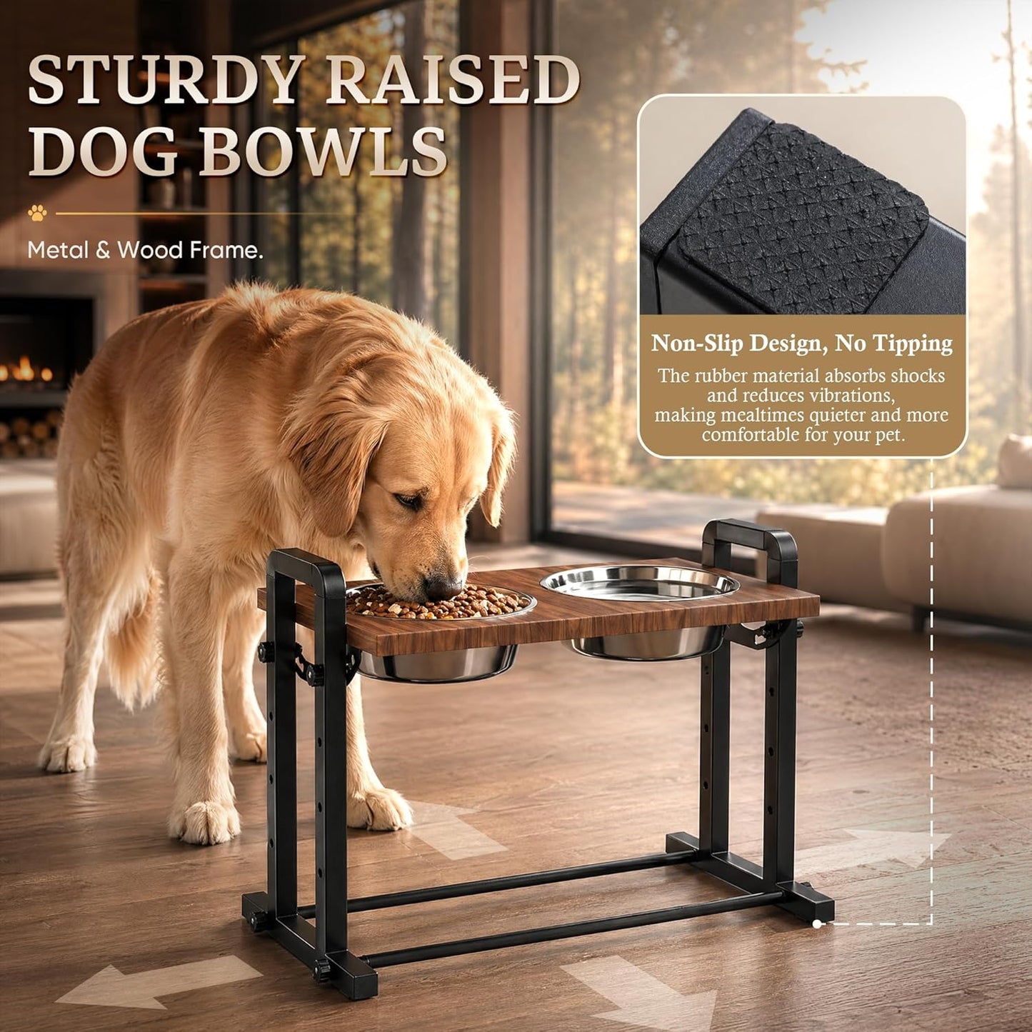 CZPET Elevated Dog Bowls Mess Proof with Splash Guard 4 Heights Adjustable Raised Stand with 2L (67 oz) Stainless Steel Bowls, Lifted Food Water Feeder for Small, Medium & Large Dogs