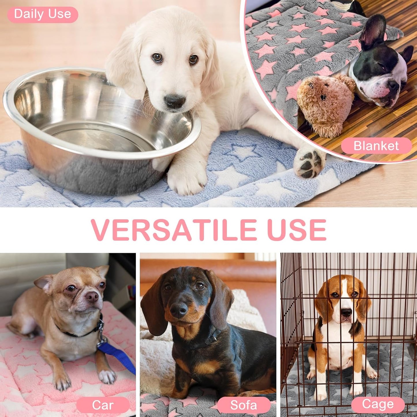VitalCozy 4 Pcs Dog Crate Pads, Ultra Soft Warm Washable Anti-Slip Kennel Bed Mat for Pets, Reversible, Replaceable, Cage Liner for Small Medium Large Dogs and Cats (18 x 24 x 1.6 Inch,Star,Gray)