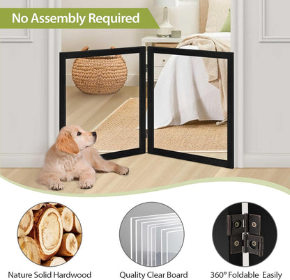 LZRS Clear Dog Gate for Indoor Use - Transparent Pet Fence with Solid Hardwood and Plastic Board, Stylish & Durable freestanding Pet Gate for Doorways, Stairs and Hallways-2 Panel Cherry