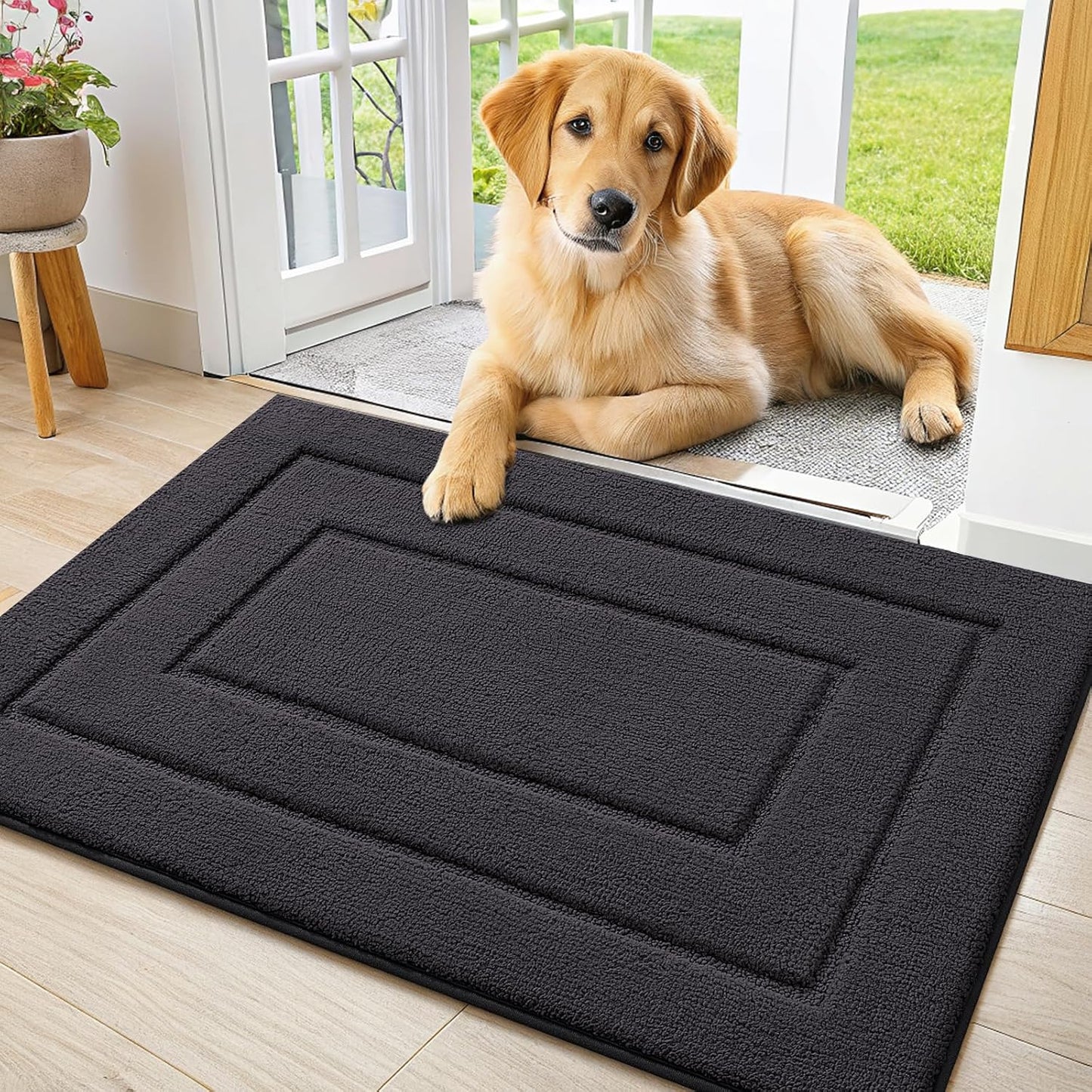 Smiry Dog Door Mat for Muddy Paws, Absorbs Moisture and Dirt, Low-Profile Entryway Mat with Non-Slip Backing, Entry Indoor Outdoor Doormat for Inside Floor (30x20 Inches, Grey, Striped)