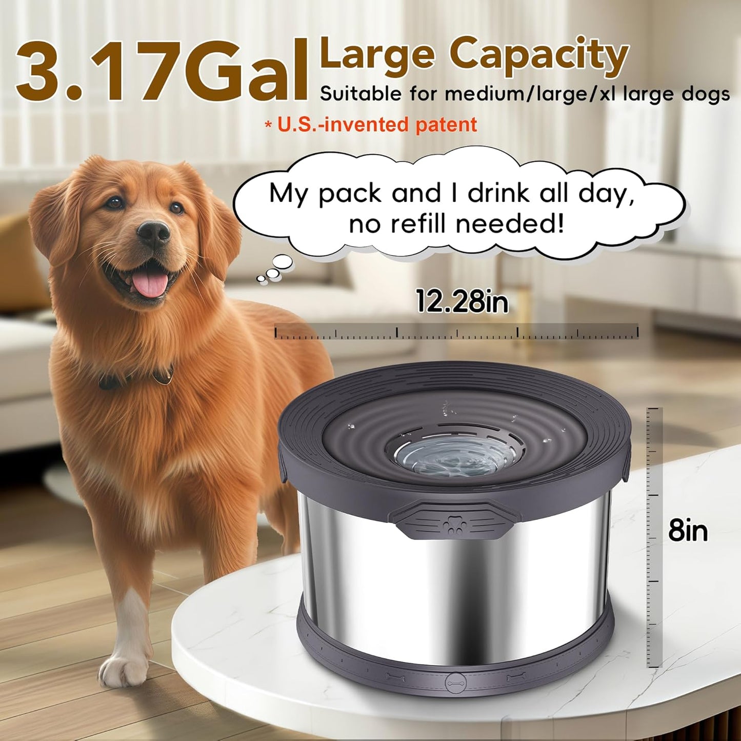 UPSKY Dog Water Bowl No Spill 10L Stainless Steel, 2.6 Gallon Large Capacity Spill-Proof Dog Bowls, Non-Slip Slow Drinking Anti-Splash Bowl for Large Messy Drinkers, No Mess Indoor/Outdoor Use, Gray