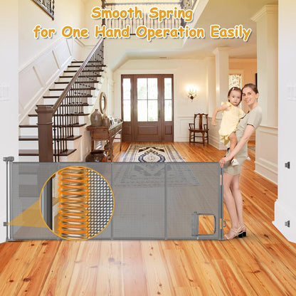 Reinforced 120 Inch Wide Retractable Baby Gates Extra Wide Pet Gate with Cat Door 10ft Extra Long Baby Gates for Large Openings 33 Inch Tall Reinforced Strips Retractable Dog Gate with Cat Door, Black