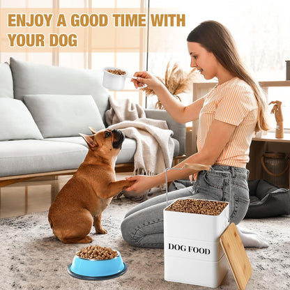 Tioncy 2 Pcs Metal Dog Food Storage Containers Total 10-14 Lbs (50 Cup) Capacity, Airtight Pet Food Canister with Bamboo Lids Scoop DIY Labels Dog Treat Storage Jars for Kitchen Counter(White)