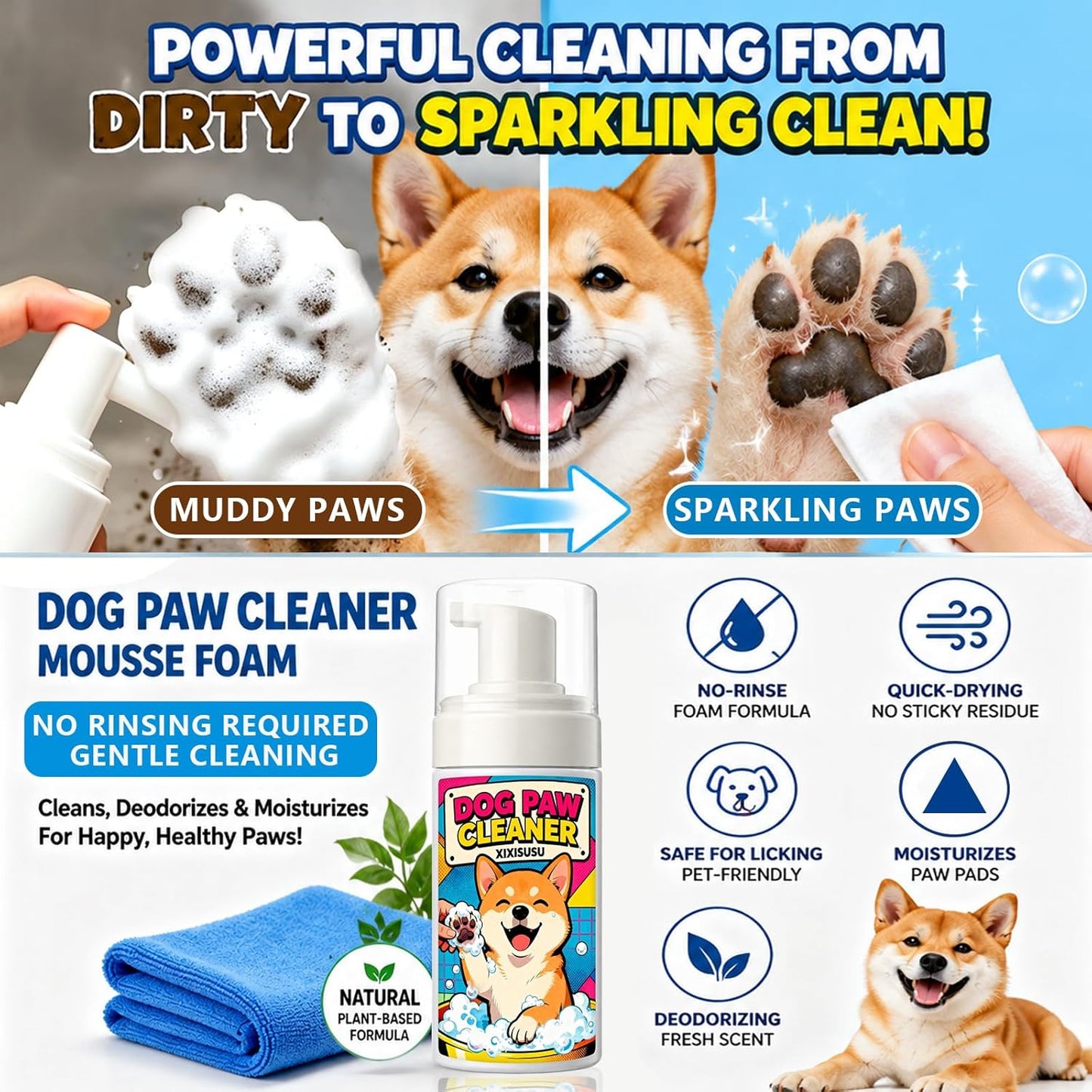 Dog Paw Cleaner with Scrubber Brush - 5 fl oz Waterless Cleaning Foam for Dirty & Muddy Paws, No-Rinse Formula for Dogs & Cats, Quick-Dry Alternative to Wipes for Puppies & Kittens