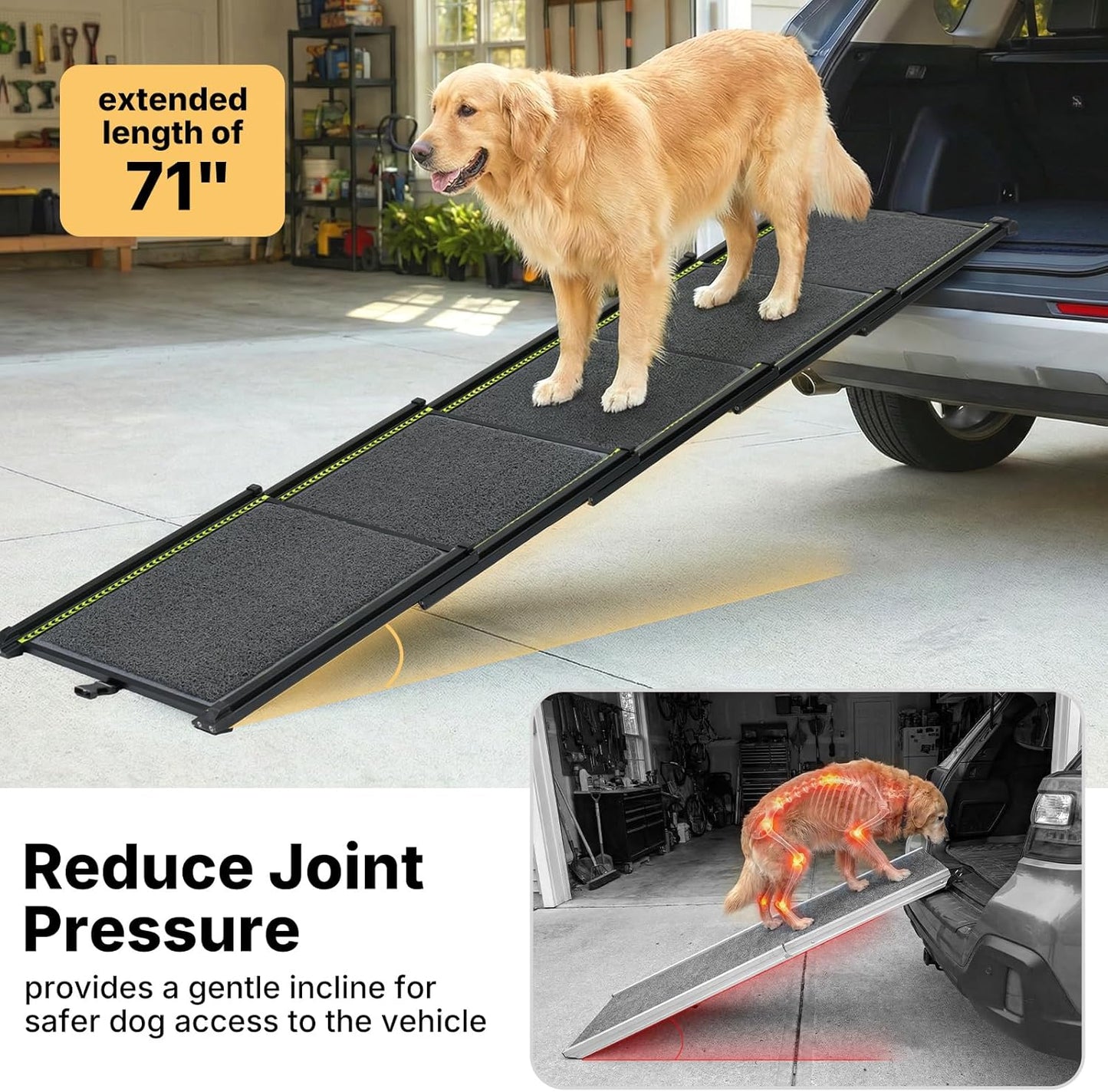 Veehoo Telescoping Dog Ramp for Car Truck SUV, 71" Long 20" Wide Lightweight Aluminium Pet Ramps with Non Slip Surface for Large Dogs, Portable Compact Outdoor Ramp for Dog to Get in Car, Up to 110lbs