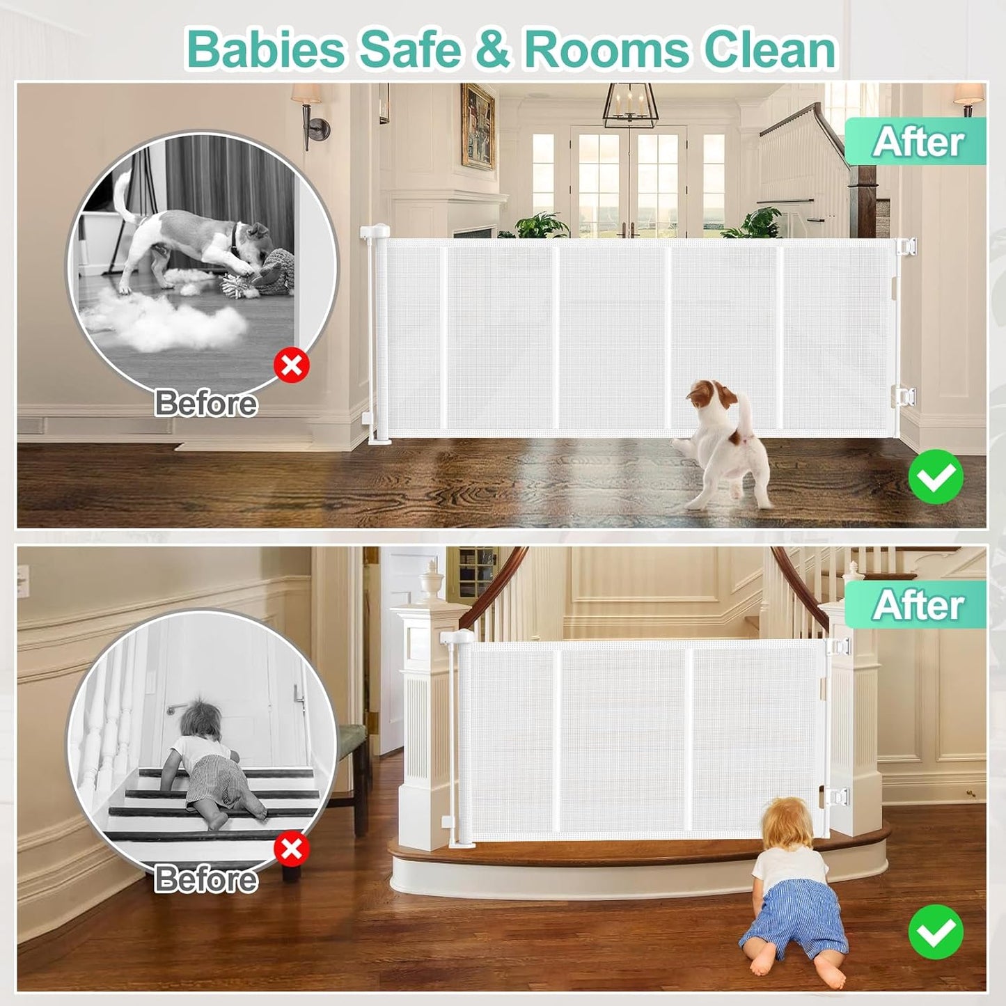 Upgrade 120 inch Retractable Baby Gates, EZIGO Extra Wide Baby Gate for Large Opening Extra Long Mesh Gate for Kids or Pet Dog Gate Child Safety Gate for Stairs Hallways Doorway Indoor Outdoor, Gray