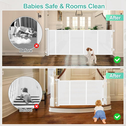 Upgrade 120 inch Retractable Baby Gates, EZIGO Extra Wide Baby Gate for Large Opening Extra Long Mesh Gate for Kids or Pet Dog Gate Child Safety Gate for Stairs Hallways Doorway Indoor Outdoor, Gray