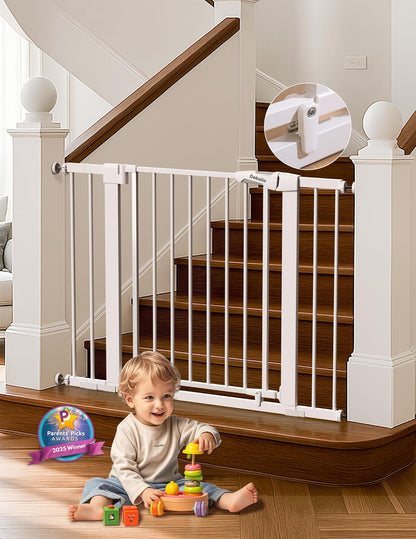 Babelio 36" Tall Auto Close Baby Gate with Small Cat Door, 29-43" Metal Cat Gate for Doorway, Stairs, House. Easy Walk Thru Dog Gate with pet Door, Includes 4 Wall Cups and 3 Extension Pieces, Black