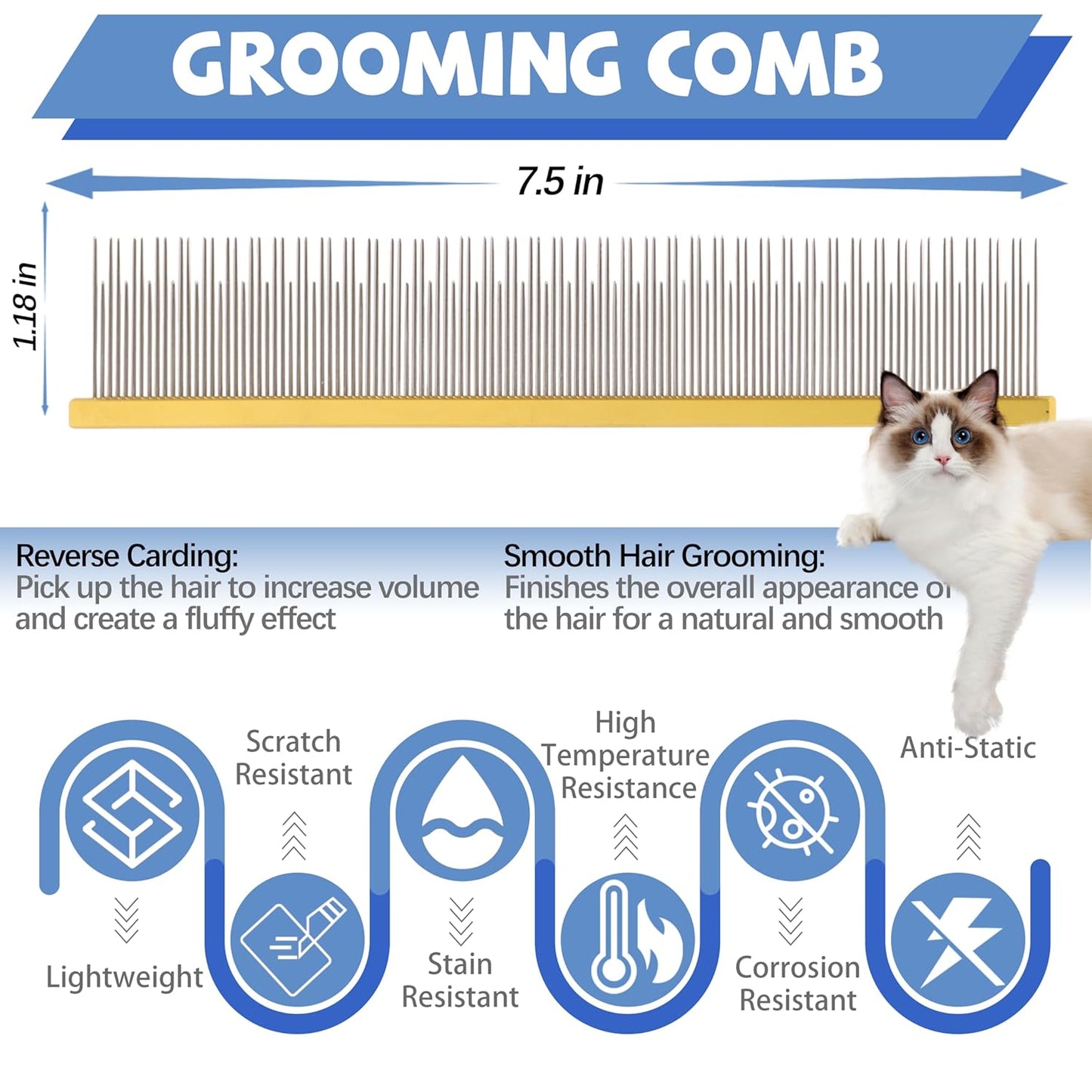8.5 Inch Dual Tooth Pet Comb for Mats and Tangles,Poratable Grooming Dematting Comb for Indoor Long-haired Cats and Dogs,Pet Family Supplies,Removing Tangles,Knots,Undercoat and Excess Hair