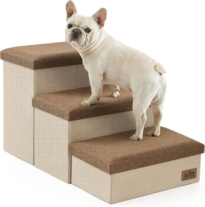Dog Stairs with Storage, 4-Step Wider Sturdy Dog Steps for Small/Medium/Large Dogs and Older Cats, Folding Doggie Ramp for Bed/Couch/Car Hold Up to 180 lbs (22" H, Brown)