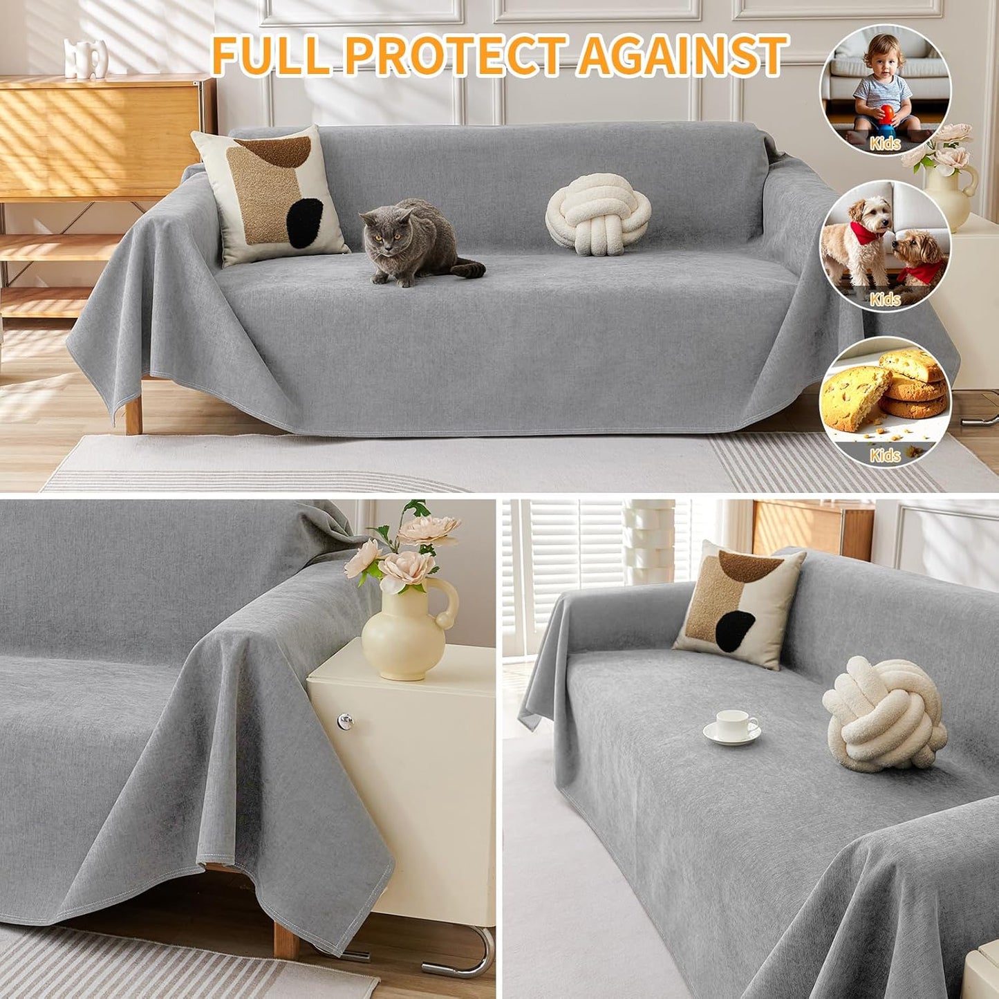 Deep Dream Cat-Scratch Resistant Couch Cover, Waterproof Sofa Cover for 3 Cushion Couch Washable, Pet Friendly Couch Protectors Anti Slip Thickened Love Seat Slipcovers for Pets, 71" x 118", Dark Grey