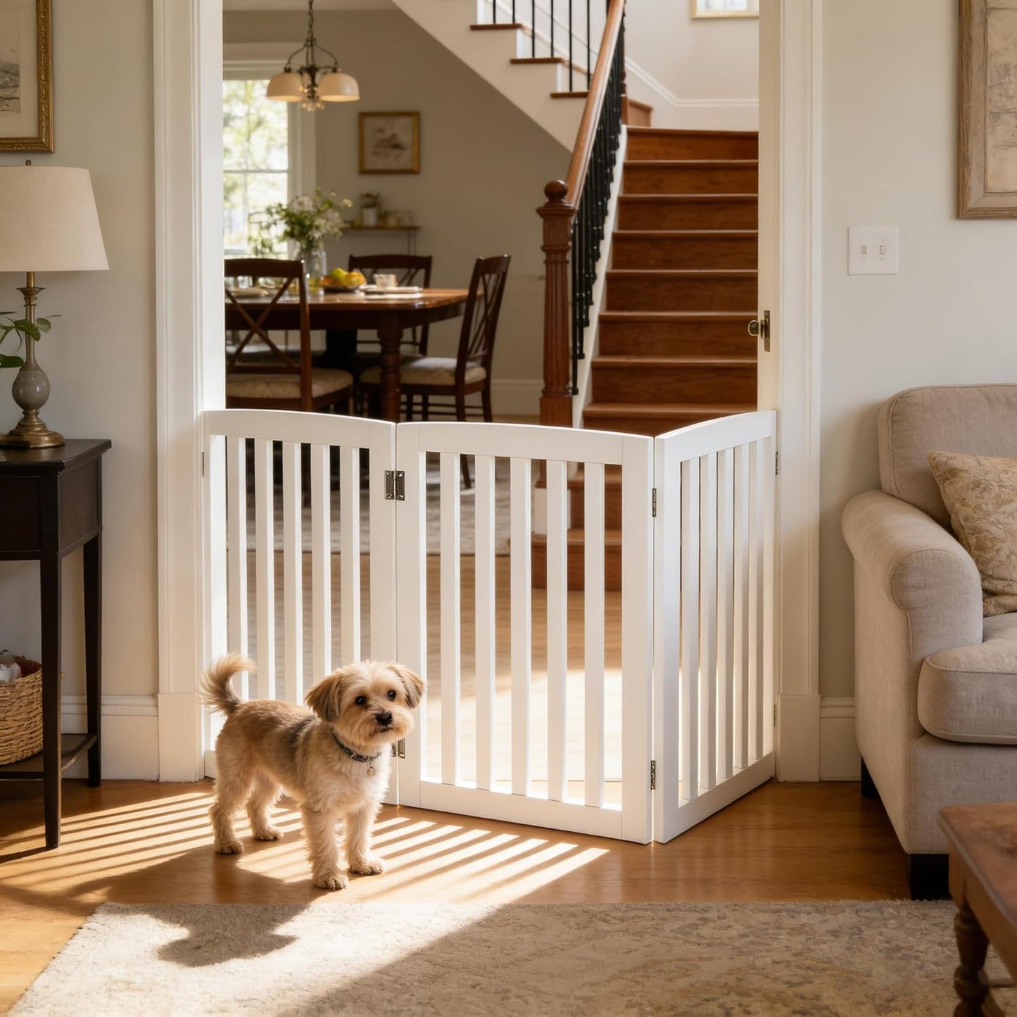 Freestanding Pet Dog Gate 36 Inch Foldable Fence Indoor 3 Panel Extra Wide Wooden Dog Door for Stairs Hallways Doorways
