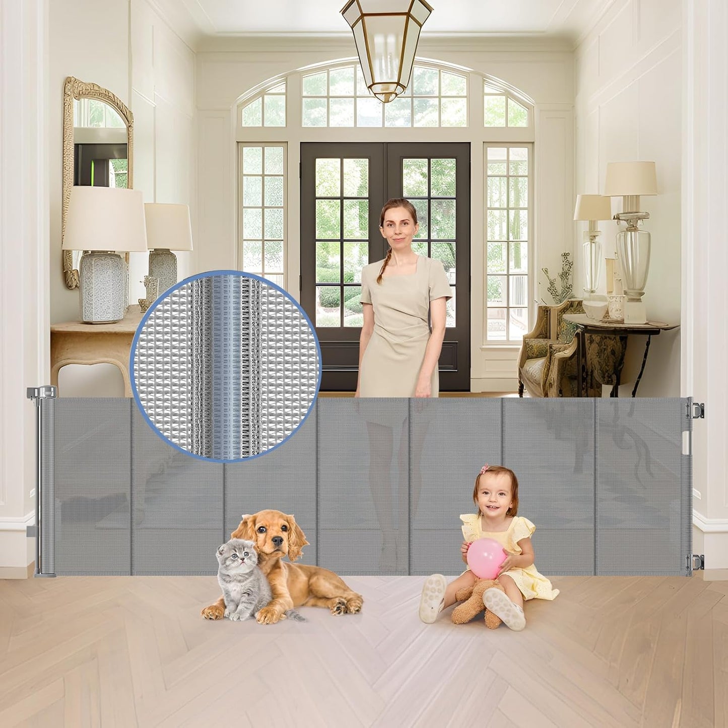 Reinforced 90 Inch Retractable Baby Gates Extra Wide Baby Gate with Reinforced Strips, 7.5ft Long Retractable Dog Gate for The House 33 Inch Tall Extra Long Pet Gates for Wide Openings, Black