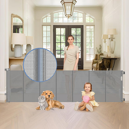 Reinforced 90 Inch Retractable Baby Gates Extra Wide Baby Gate with Reinforced Strips, 7.5ft Long Retractable Dog Gate for The House 33 Inch Tall Extra Long Pet Gates for Wide Openings, Black