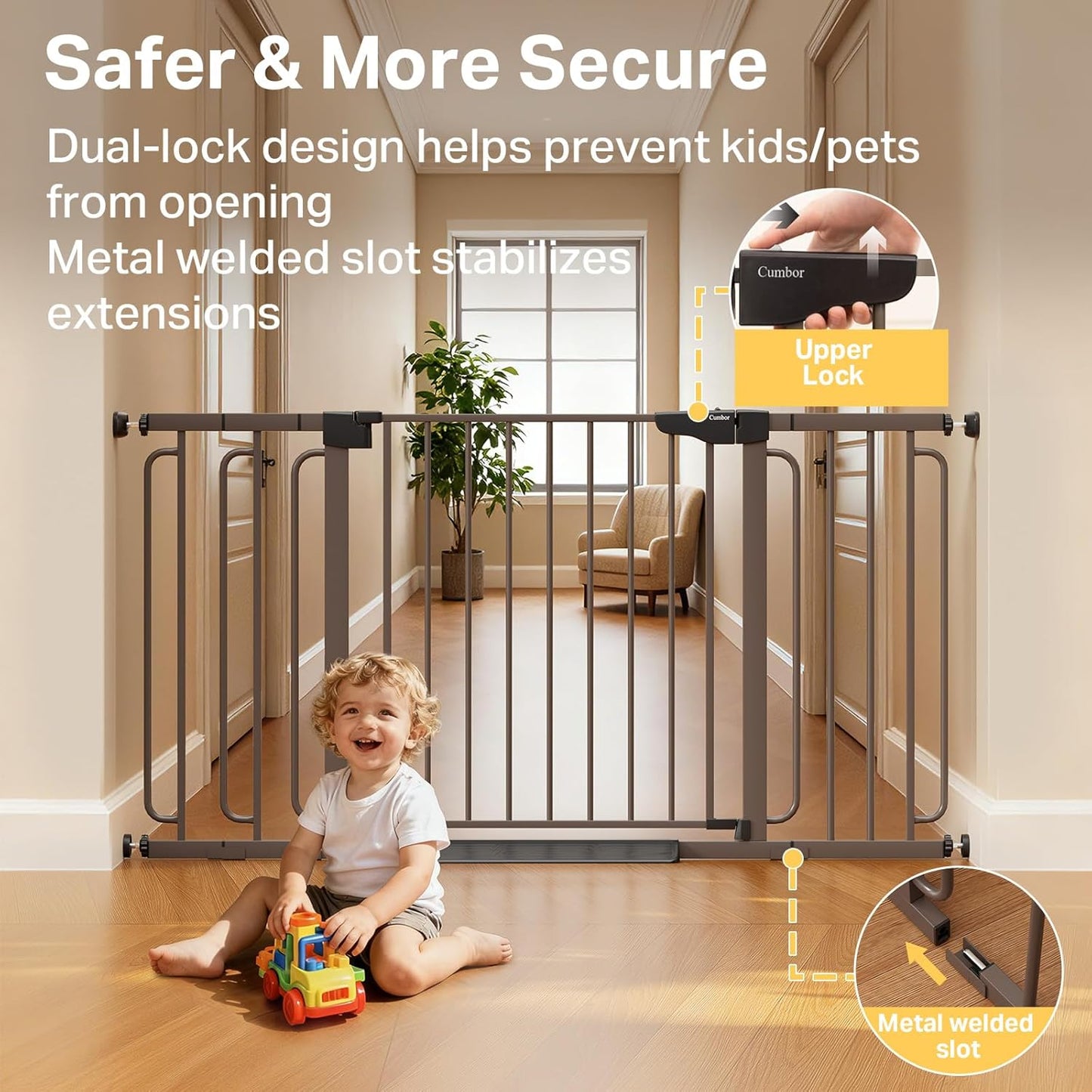 Cumbor 36.6-64" Extra Wide Baby Gate for Stairs, Dog Gates for Doorways, Auto-Close Pet Gate Indoor, Pressure Mounted Walk Through Safety Child Gate for Kids Toddler, Tall Pet Puppy Fence Gate, Brown