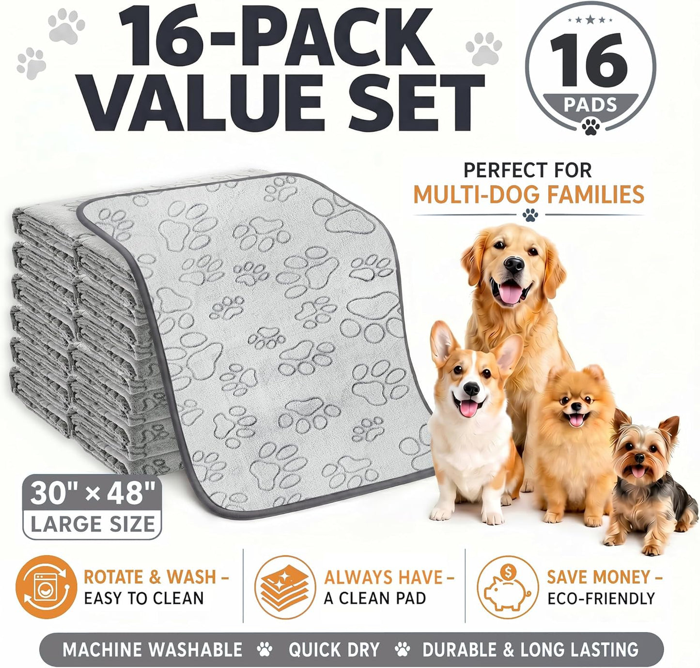 Qeils Reusable Puppy Pads, 2 Pack Washable Pee Pads for Dogs, Waterproof Non Slip Wee Wee pad, Absorbent and Leakproof Training Mats for Potty, Crate, Playpen, Bed, Sofa, 18"x 24"