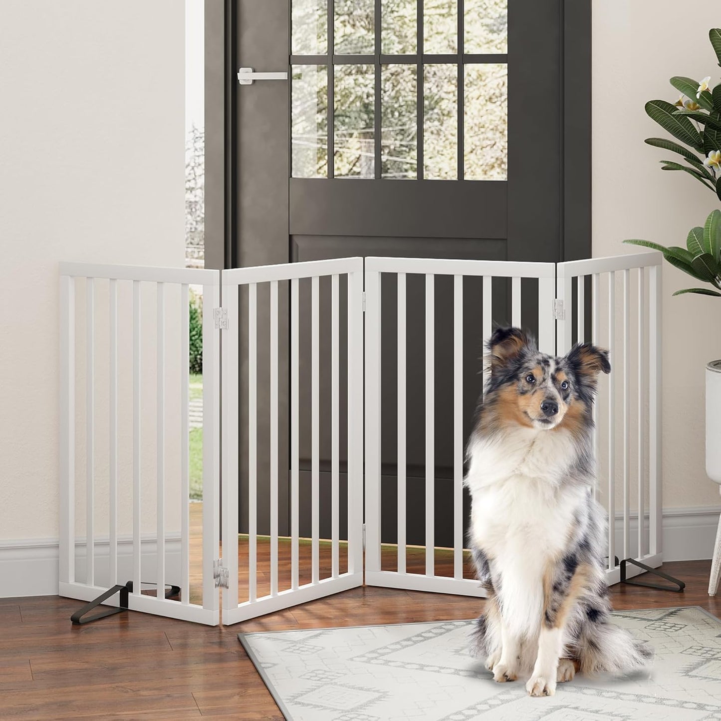 Freestanding Foldable Dog Gate - 4 Panel Room Divider with Metal Support Feet (Black)