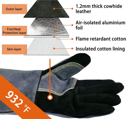 WZQH 23.6 In Leather Welding Gloves for Animal Handling,Grabbing Reptile, Grooming,Trips to Vet,BBQ,Fireplace.Puncture & Scratch Resistant, Bite Proof for Cat Dog Bird Falcon Livestock Snake L Black