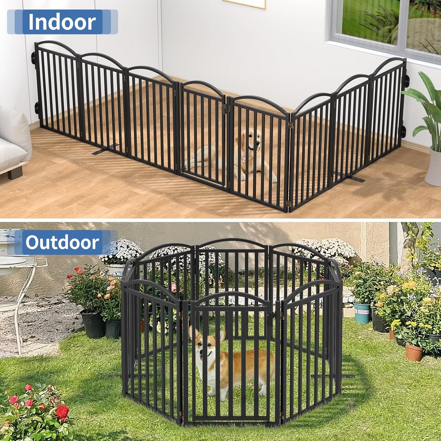 Malier Metal Freestanding Dog Gate, 32'' Height Outdoor Indoor Dog Fences, Extra Wide Foldable Puppy Gate for Stairs (Black, 【2 Panels】 40''W × 32''H)