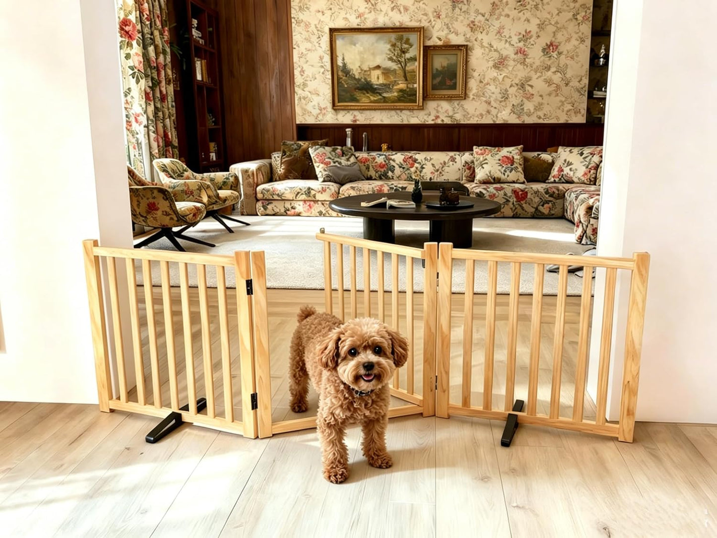 Wooden Dog Gate Indoor, 23" H Freestanding Dog Gates with Door, No-Painted Foldable Puppy Fence, Doggy Barrier for Doorway, Stairs- 4 Panels