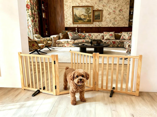Wooden Dog Gate Indoor, 23" H Freestanding Dog Gates with Door, No-Painted Foldable Puppy Fence, Doggy Barrier for Doorway, Stairs- 4 Panels