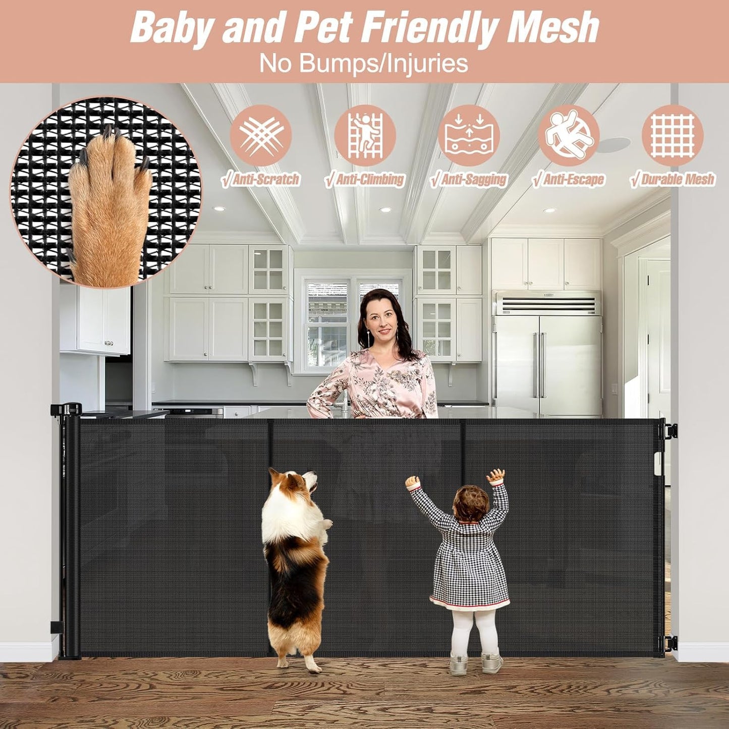 Reinforced 42" Tall Retractable Dog Gate, 155" Extra Long Retractable Baby Gate with Support Rods - Prevent Crawling Under, Indoor/Outdoor Retractable Gate Extra Tall Baby Gate Retractable Fence/Black