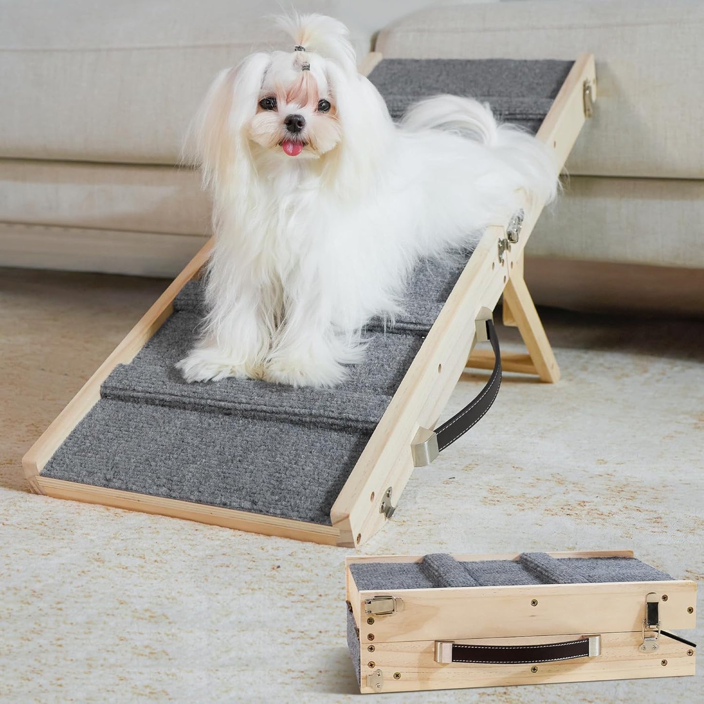 Dog Ramp Dog Stairs for Small Dogs Foldable Dog Ramp with 4 Adjustable Heights from 7.48'' to 15.35" Wood Stairs with Non Slip Carpet Portable Pet Ramp for Couch, Sofa, Low Bed (Natural Wood)
