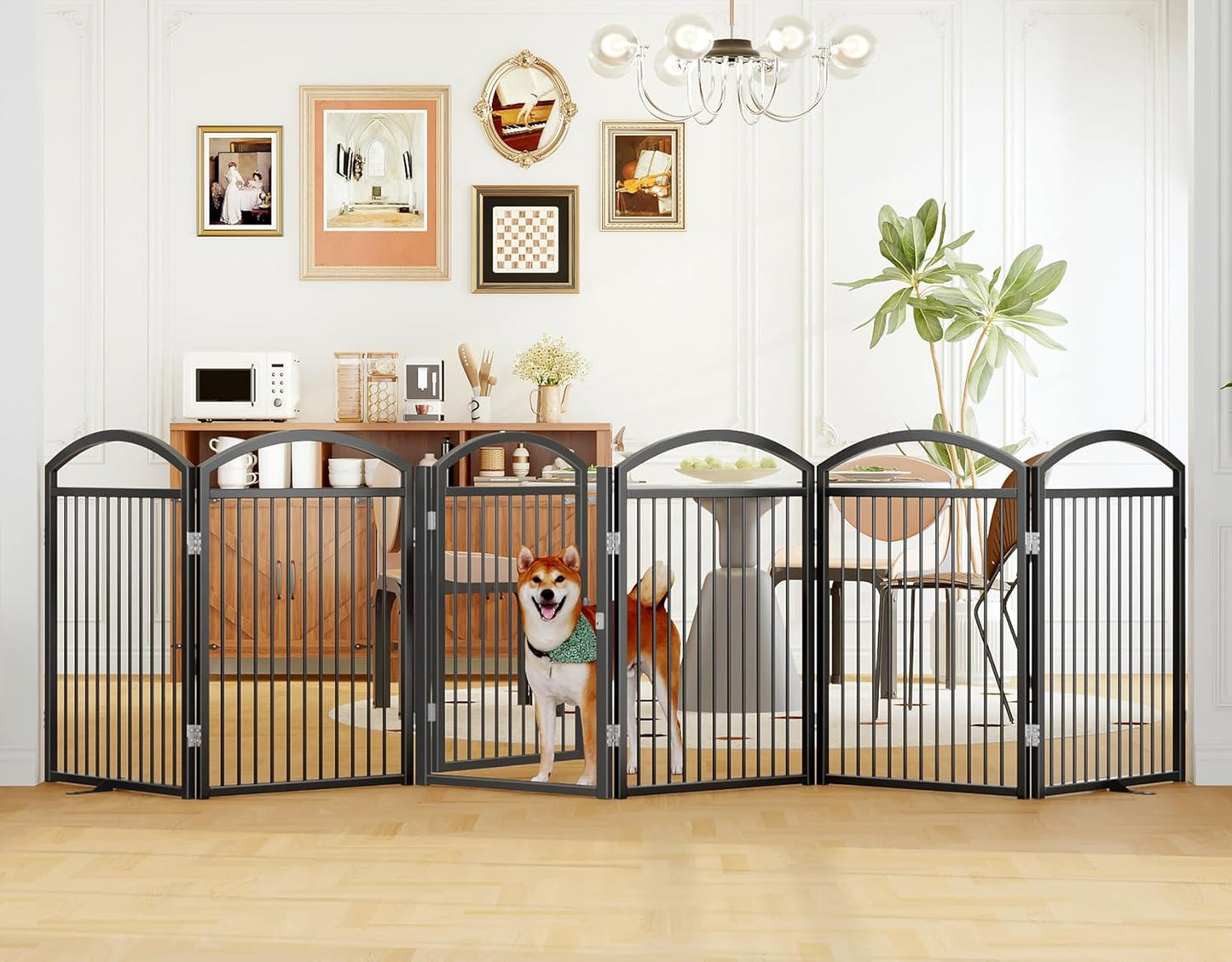 Folding No-Assembly Freestanding Dog Gate with Door,32" Heights Foldable Pet Fence,144" Extra Wide Accordion Puppy Folding Playpen for Doorways,House,Stairs (6 Panels,White)