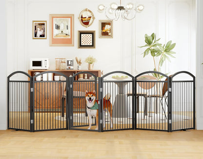 Folding No-Assembly Freestanding Dog Gate with Door,32" Heights Foldable Pet Fence,144" Extra Wide Accordion Puppy Folding Playpen for Doorways,House,Stairs (6 Panels,White)