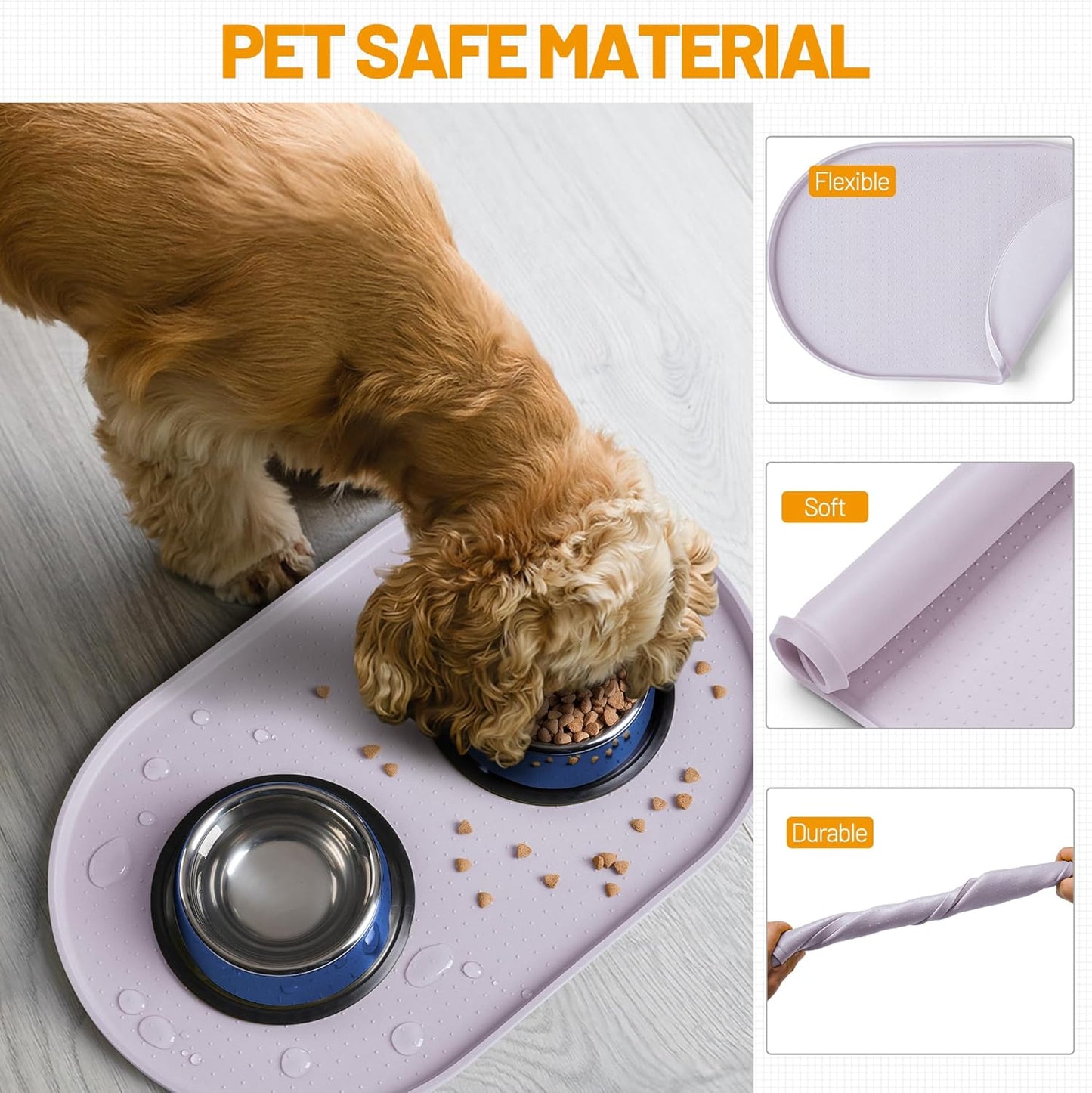 Hubulk 100% Waterproof Silicone Pet Feeding Mat with Raised Edge for Food and Water, Dog Bowl Mats, Cat Bowls Placemat with High Lip Protects Floor for Cats and Dogs (Gray, 19" L x 12" W)