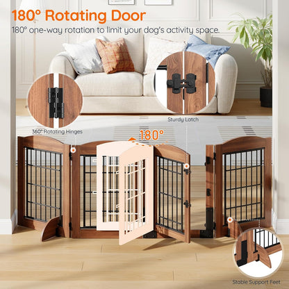 HOOBRO Dog Gate with Door Walk Through, 24.8'' Tall Freestanding Pet Gate with 2 Support Feet, Foldable Dog Fence Indoor, 360° Rotating Hinges, for Doorways, Stairs, Walnut BH85PP03