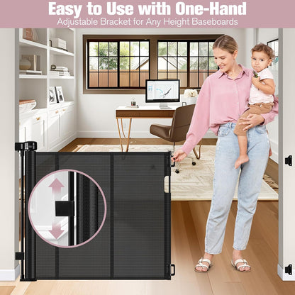 Reinforced 56" Wide Retractable Baby Gates for Doorways with Support Rods - Prevent Crawling Under Retractable Gate, Mesh Pet Gate for Stairs Retractable Dog Gates for The House Indoor/Outdoor, Black