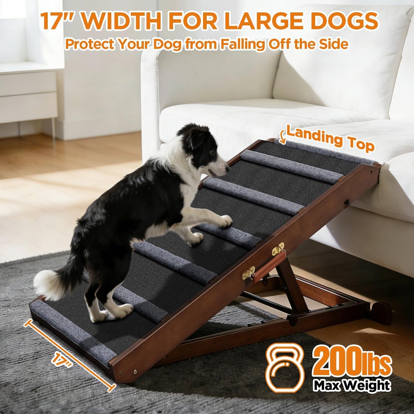 Dog Ramp for Bed - Extra Wide 17’’, Non-Slip Rubber Surface Excellent Traction, Pet Ramp for Small Large Dogs to Get on High Couch Car, Hold up to 200lb, Adjustable, Foldable