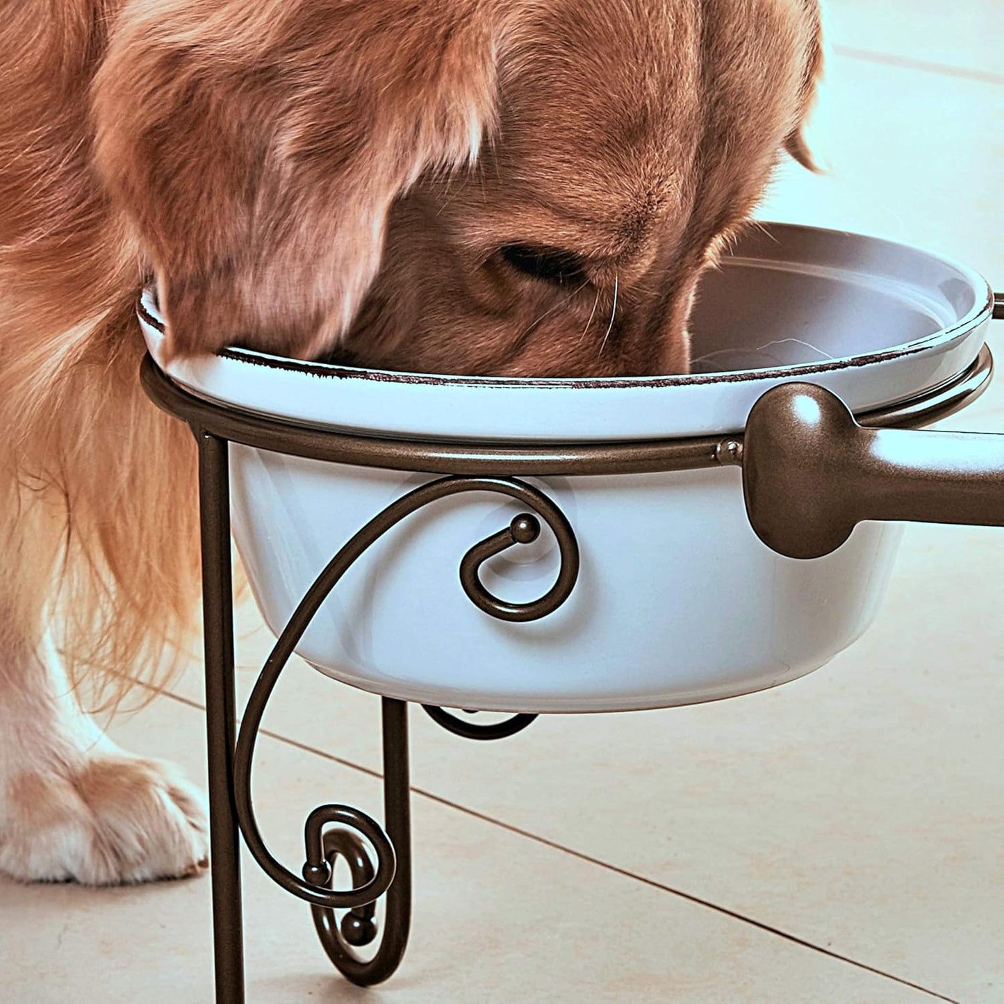 Elevated Dog Bowl Stand with 3 Large Ceramic Bowls – Raised Feeding Station for Medium & Large Dogs, Includes 2 Standard Bowls + 1 Slow Feeder, Durable Iron Frame, Non-Slip (White)