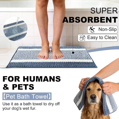 pobopobo Dog Door Mat for Muddy Paws - Absorbent & Washable Chenille Rug, Non-Slip Dirt Trapper for Indoor Outdoor Entryway, Quick Dry Pet Mat for Muddy Dogs (Striped Gray-Blue&White, 24" x 16")