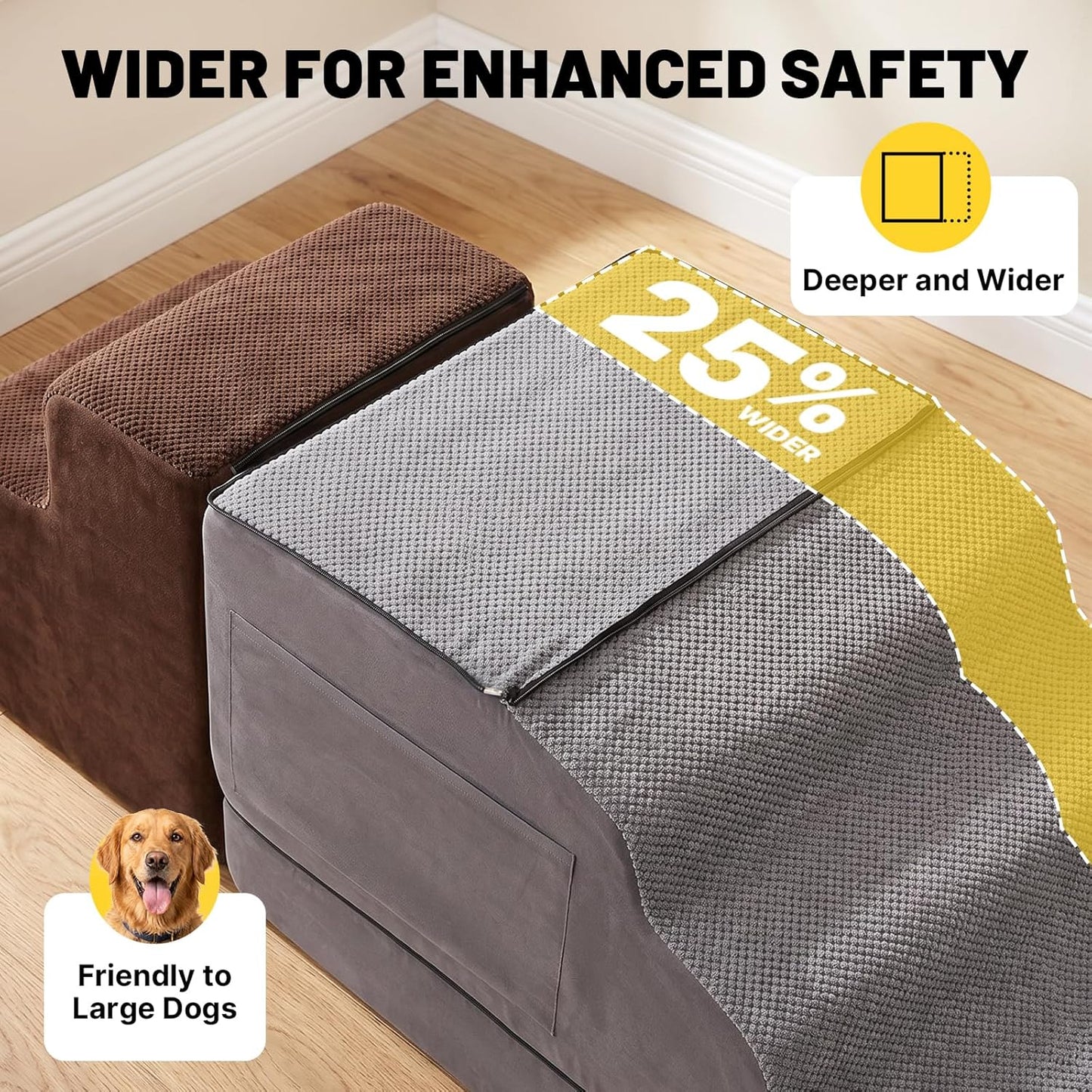 Large Dog Stairs – Extra Large Dog Steps for Bed, Couch & Car, 6-Step Pet Steps for Puppies & Senior Dogs, Pet Stairs with Washable Cover, Side Pockets, Non-Slip Bottom, 43.3" L x 19.7" W Grey