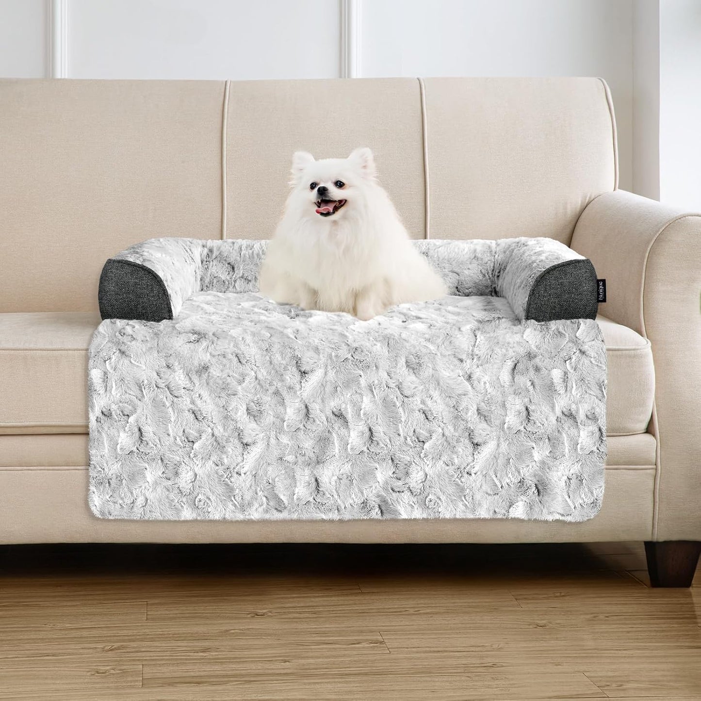 Calming Large Dog Bed for Couch, 41 x 37 inch Removable Couch Cover for Dogs Washable, Non-Slip Fluffy Plush Dog Sofa Mat for Furniture Protector - Grey