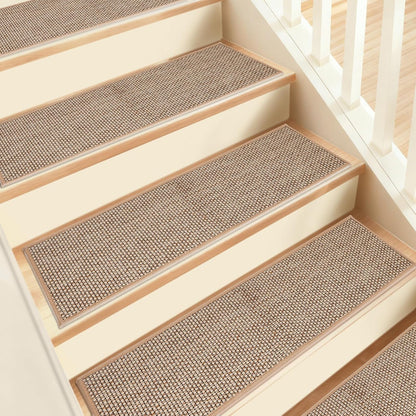 Natural Linen Non Slip Stair Treads, 15 Pack 8" X 30" Carpet Stair Treads with Reusable TPE Adhesive Backing, Non Slip Stair Runner Indoor for Kids Elders and Pets, Machine Washable, Brown Weave