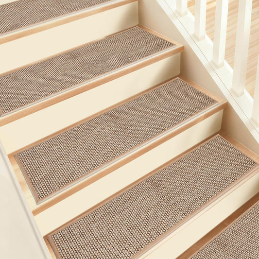 Natural Linen Non Slip Stair Treads, 15 Pack 8" X 30" Carpet Stair Treads with Reusable TPE Adhesive Backing, Non Slip Stair Runner Indoor for Kids Elders and Pets, Machine Washable, Brown Weave
