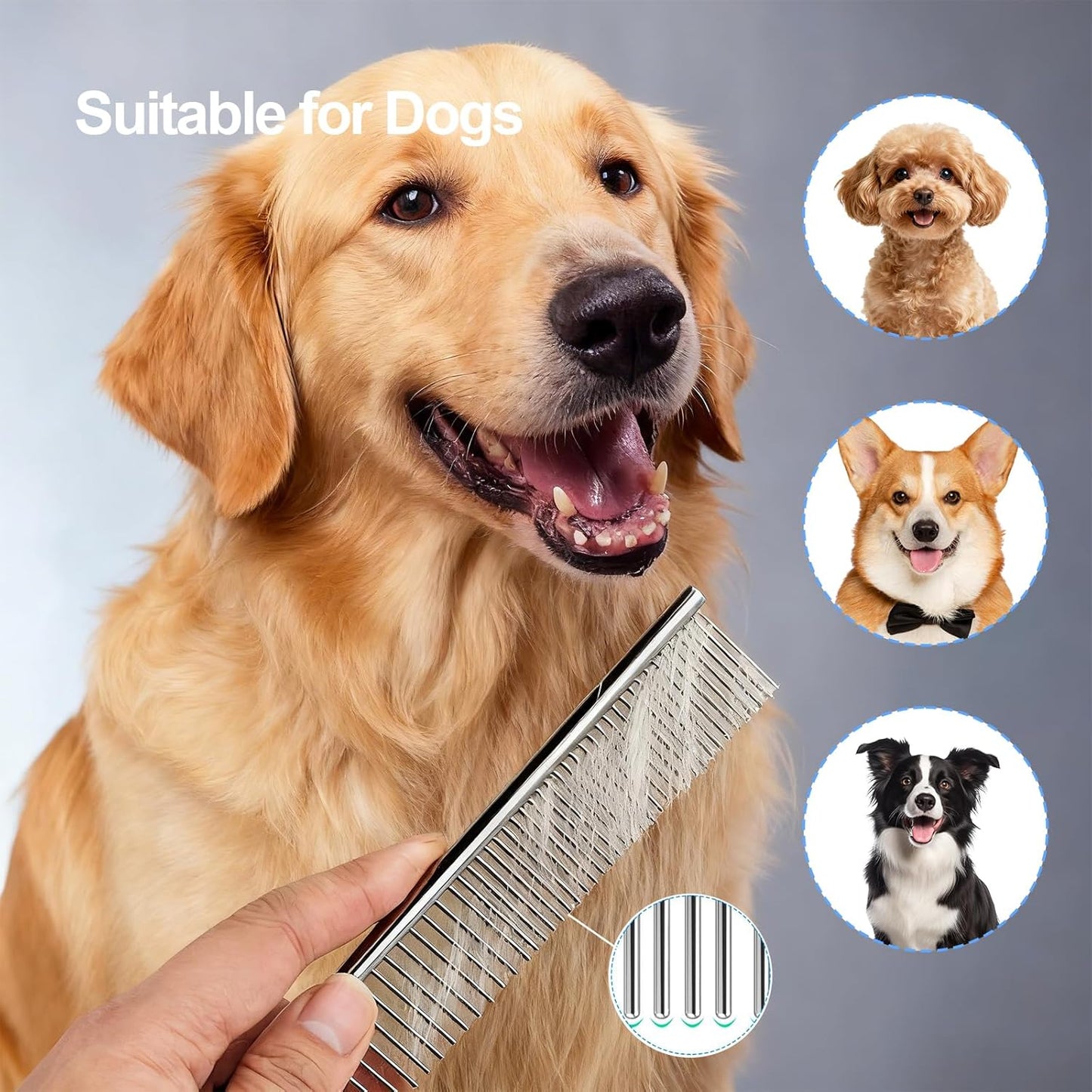 Dog Comb for Grooming Matting, ddoutot Cat Domb with Rounded Ends Stainless Steel Teeth, Metal Comb for Dogs-Long and Short Haired such as Greyhound Poodle Doodle and Pet Cat, 7.4"/Sliver