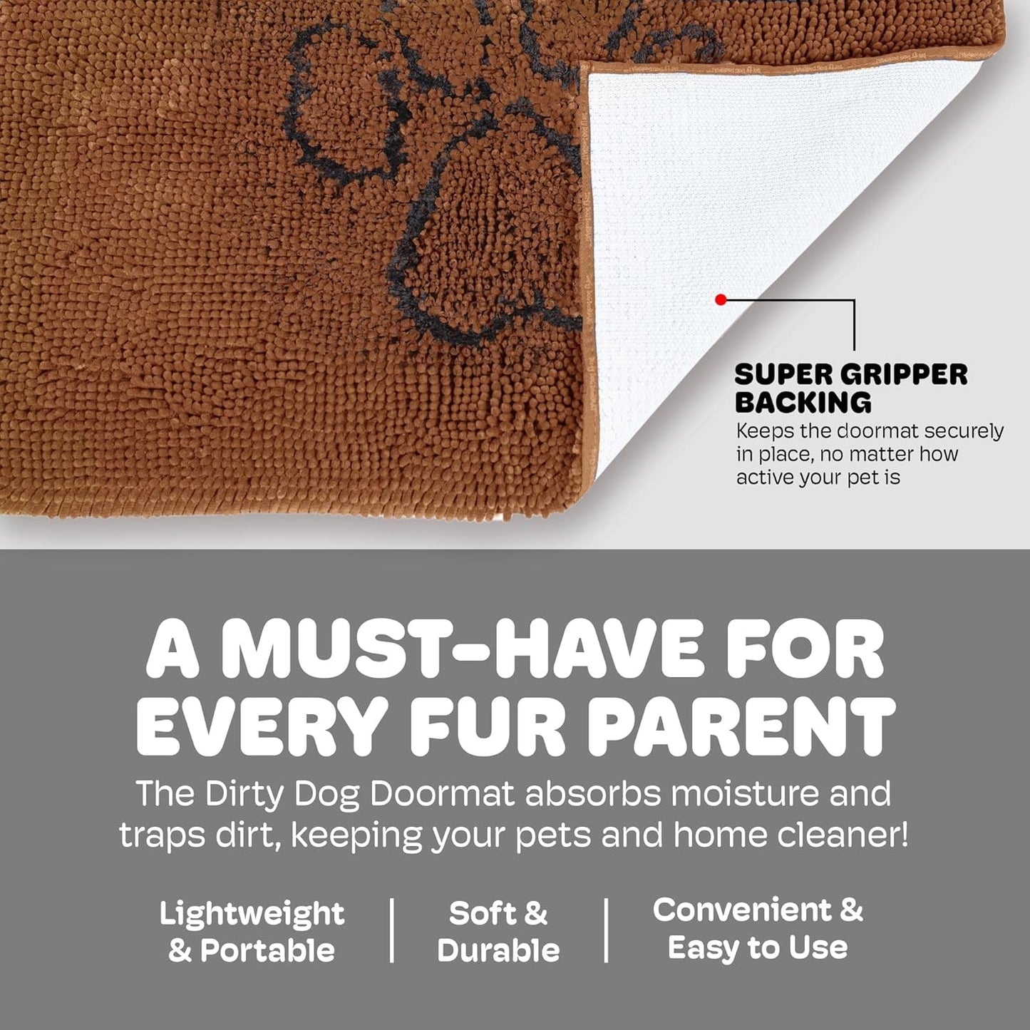 Dog Gone Smart Dirty Dog Doormat - Fast Drying Rug with Super Gripper Backing for Clean Floors - Super Absorbent and Machine Washable Mat for Muddy Paws - Grey