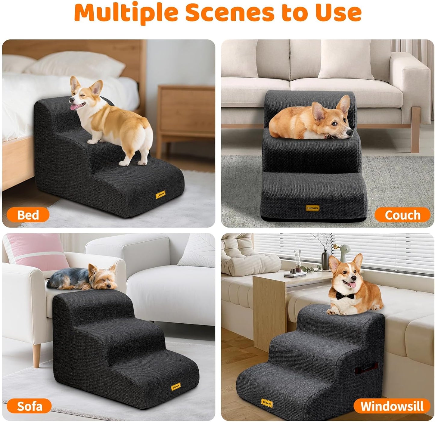 Gimars Upgraded 55CM Long Wide Steps 2 Step Dog Stairs for Small, Medium & Senior Dogs, 30CM High Ramp with 33D High-Density Foam, Linen Cover, Non-Slip Base, Supports 30KG, for Bed & Sofa