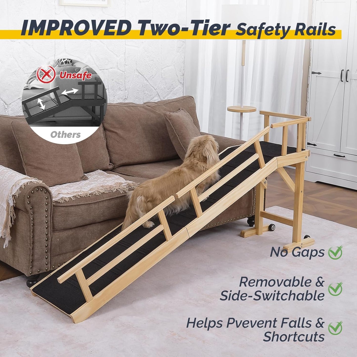 Dog Ramp for Bed or Couch, Wooden Pet Ramp with 20° Gentle Slope, Removable Side Rails, Non-Slip Surface, Top Platform & Wheels, Safe Bed Ramp for Small, Large & Senior Dogs, 60" Long, Mahogany