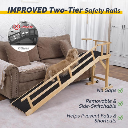 Dog Ramp for Bed or Couch, Wooden Pet Ramp with 20° Gentle Slope, Removable Side Rails, Non-Slip Surface, Top Platform & Wheels, Safe Bed Ramp for Small, Large & Senior Dogs, 60" Long, Mahogany